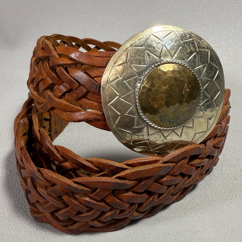 Braided Brown Leather Belt with Round Silver and Gold-Tone Buckle